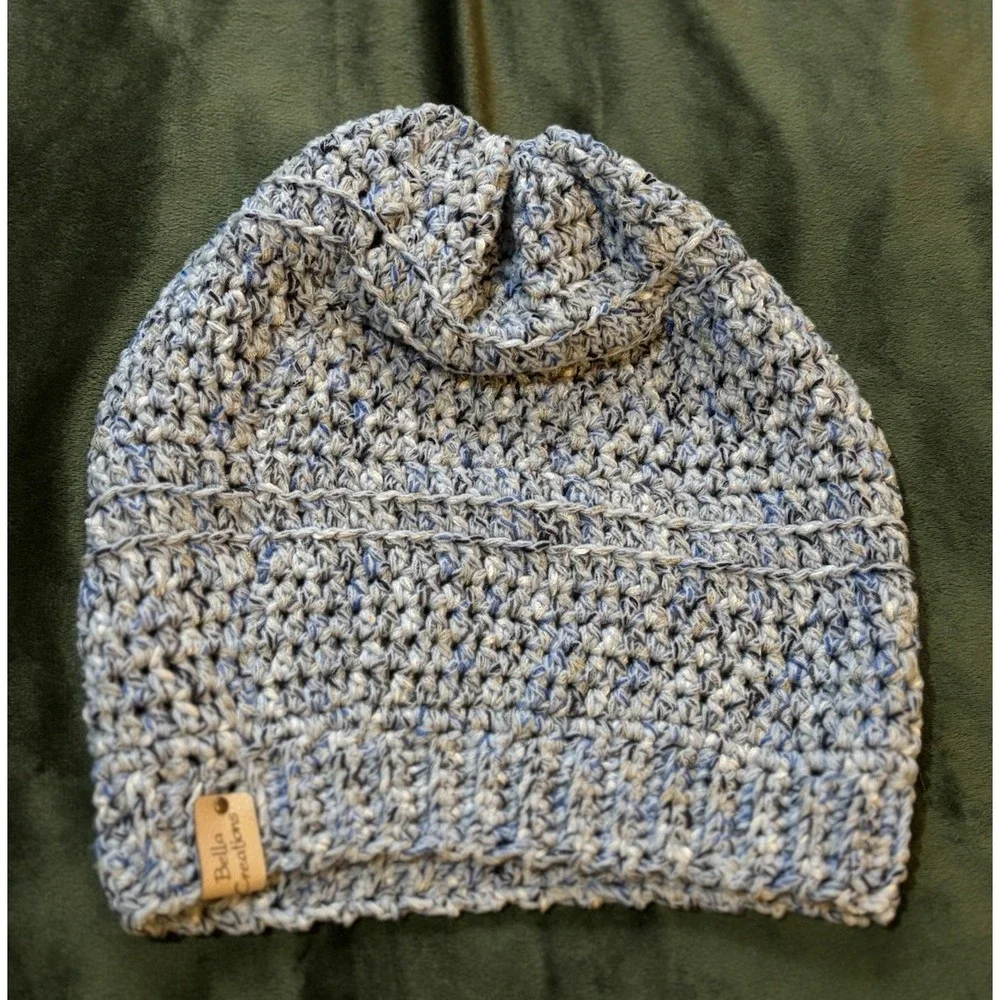 Handmade Crocheted Knit Slouchy Beanie Blue/Green Adult Sz‎ Logo Bella Creations